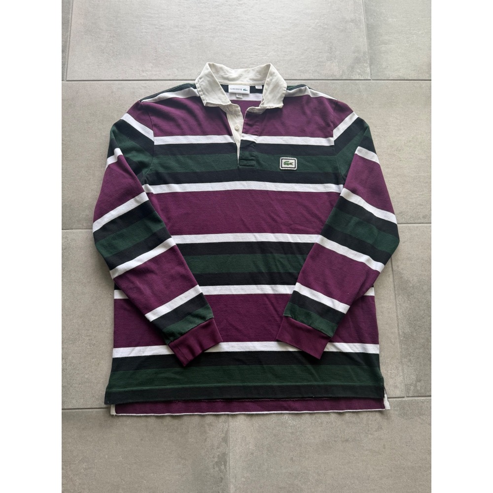 Lacoste Mens Striped Long Sleeve Rugby Shirt Purple Green Black White Size L